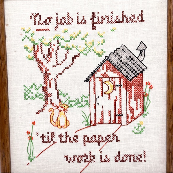 Vintage Cross Stitch Bathroom Sign No Job is Finished Wall Hanging - Picture 10 of 13